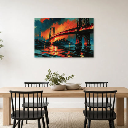 Pont new-yorkais et reflets de feu dans une salle à manger