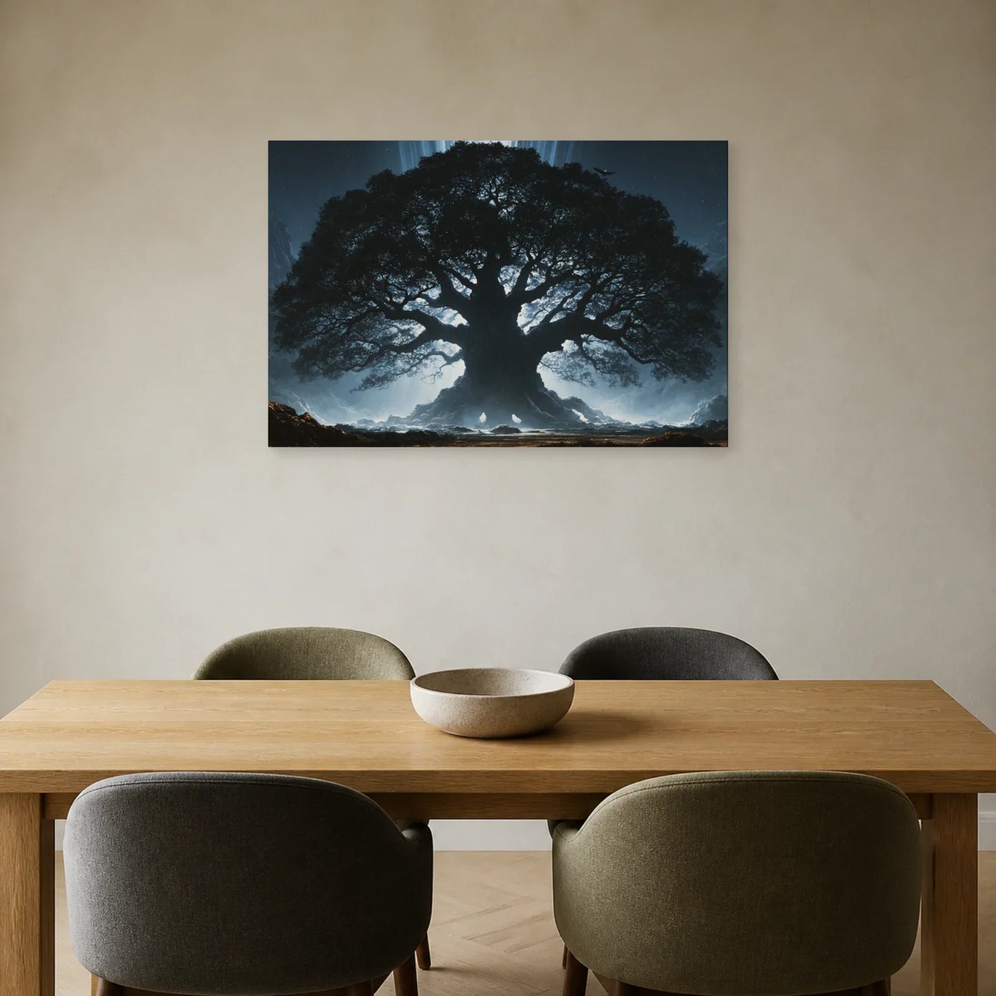 Tableau Yggdrasil Arbre de Vie présenté dans une salle à manger - Art Virtuoso