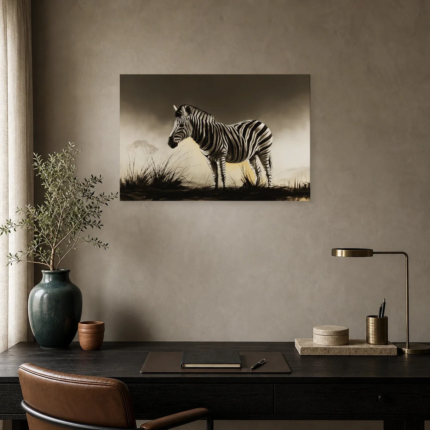 Tableau Zèbre Savane Noir et Blanc - Rayures au Crépuscule dans un bureau - Art Virtuoso