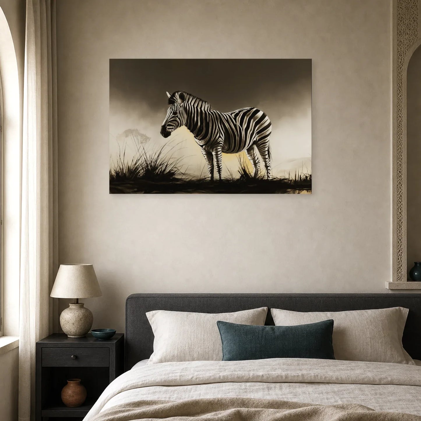 Tableau Zèbre Savane Noir et Blanc - Rayures au Crépuscule dans une chambre - Art Virtuoso