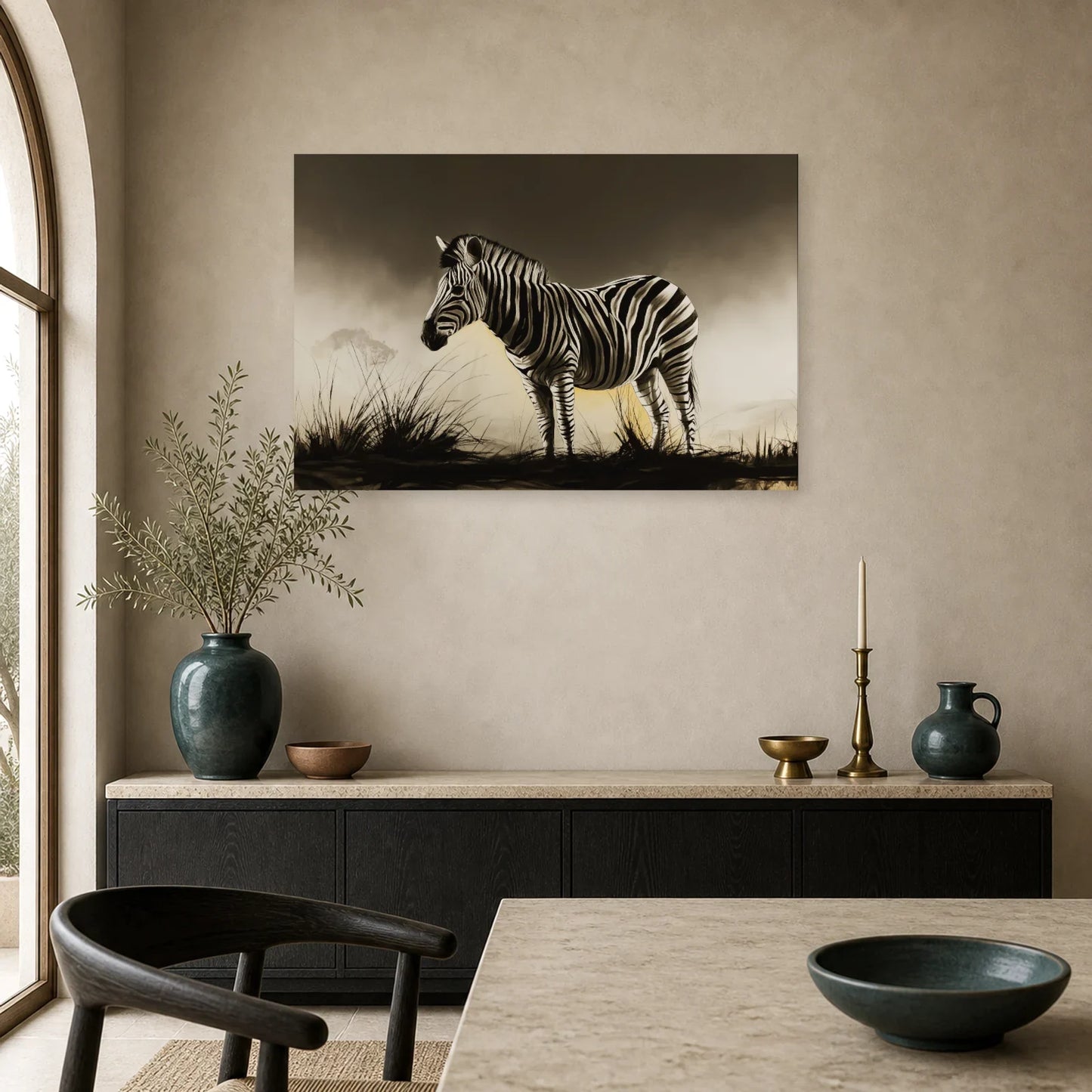 Tableau Zèbre Savane Noir et Blanc - Rayures au Crépuscule dans une cuisine - Art Virtuoso