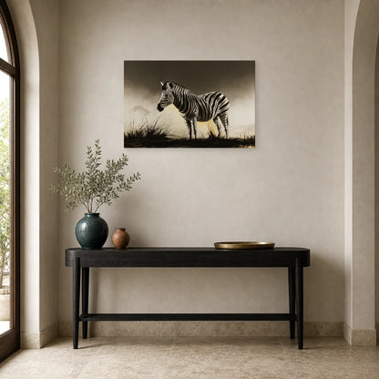 Tableau Zèbre Savane Noir et Blanc - Rayures au Crépuscule dans une entree ou un couloir - Art Virtuoso