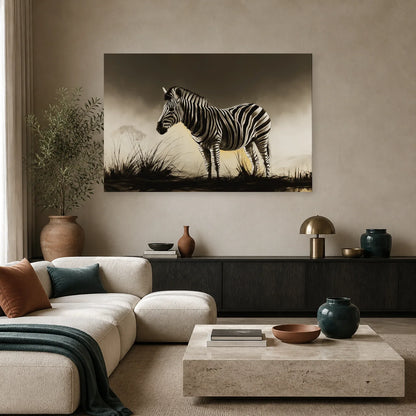 Tableau Zèbre Savane Noir et Blanc - Rayures au Crépuscule dans un salon - Art Virtuoso