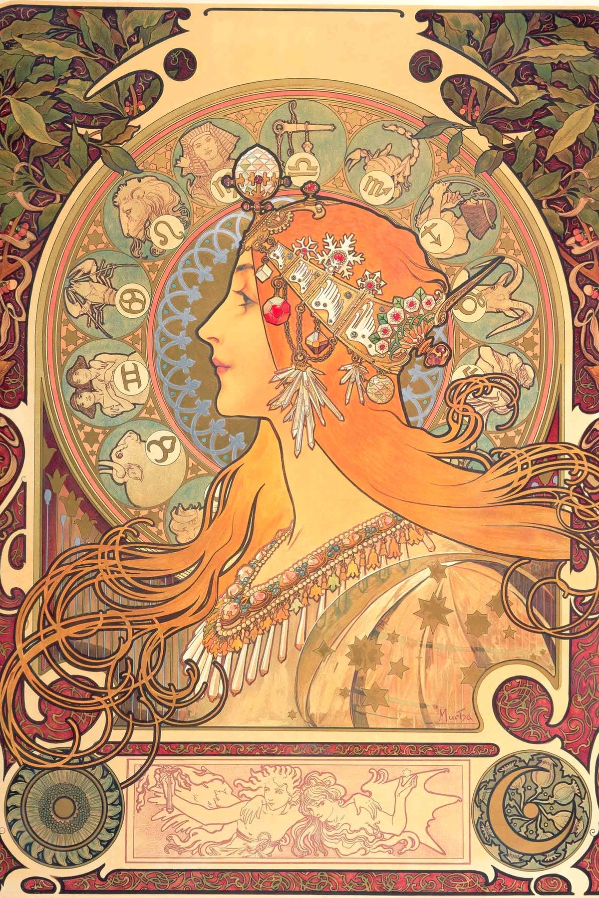 Zodiaque (La Plume) d’Alphonse Mucha – une femme de profil se détache devant un vaste médaillon zodiacal entouré de fleurs – format M