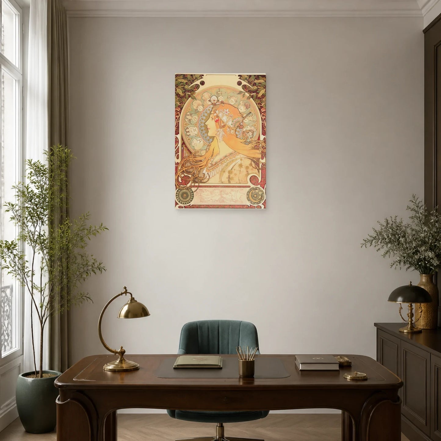 Tableau Zodiaque (La Plume) – Alphonse Mucha dans un bureau - Art Virtuoso