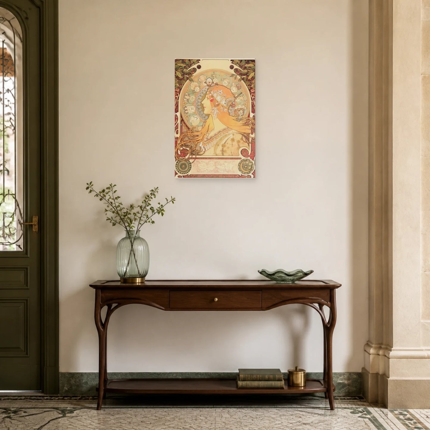 Tableau Zodiaque (La Plume) – Alphonse Mucha dans une entrée ou un couloir - Art Virtuoso