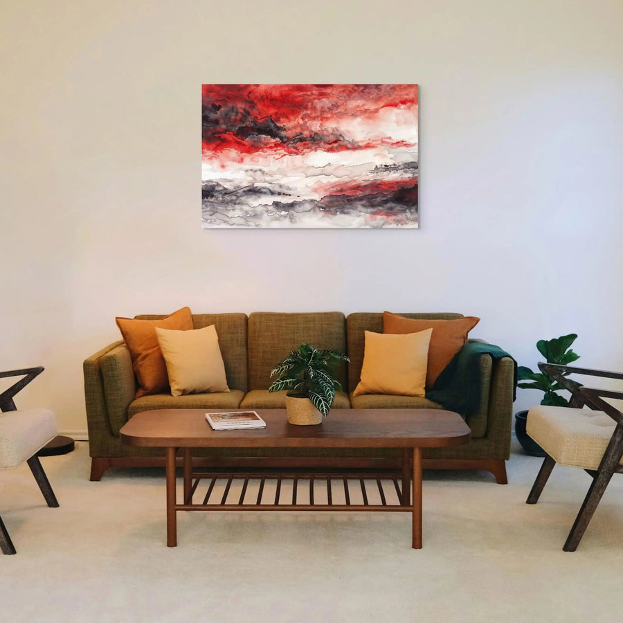 Tableau Abstrait Rouge Noir Gris Blanc - Fusion Rougeoyante