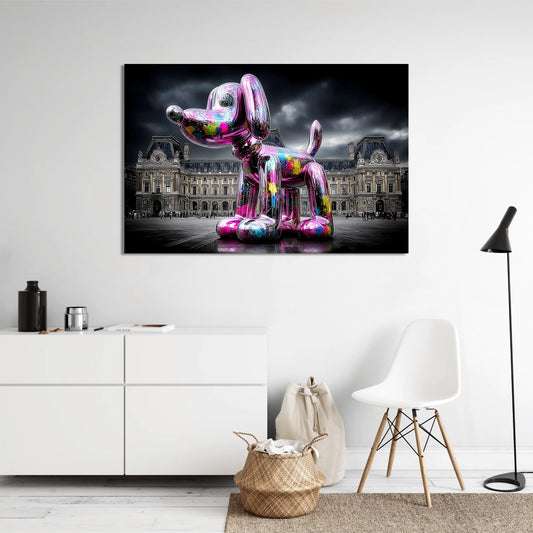 Tableau Chien Ballon – Pop Art Chromé au Louvre