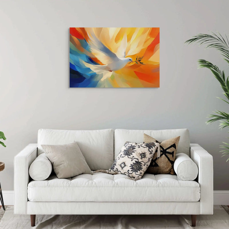 White dove in flight carrying an olive branch on canvas