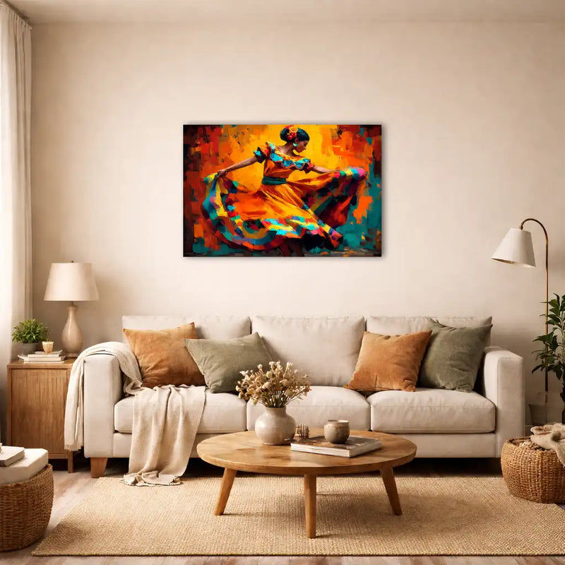 tableau danseuse mexicaine mouvement, robe tourbillonnante orange et bleu, couleurs vives, style moderne