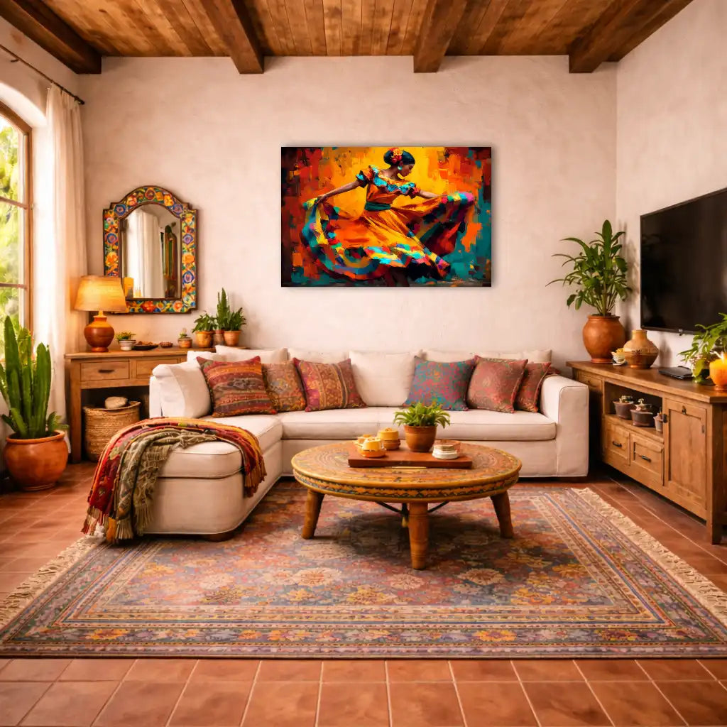 tableau danseuse mexicaine mouvement coloré moderne mockup détail focus texture toile surface grainée coups de pinceau vifs