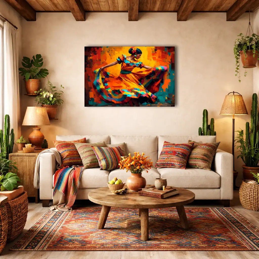tableau danseuse mexicaine mouvement toile colorée moderne gros plan texture premium ambiance salon bohème
