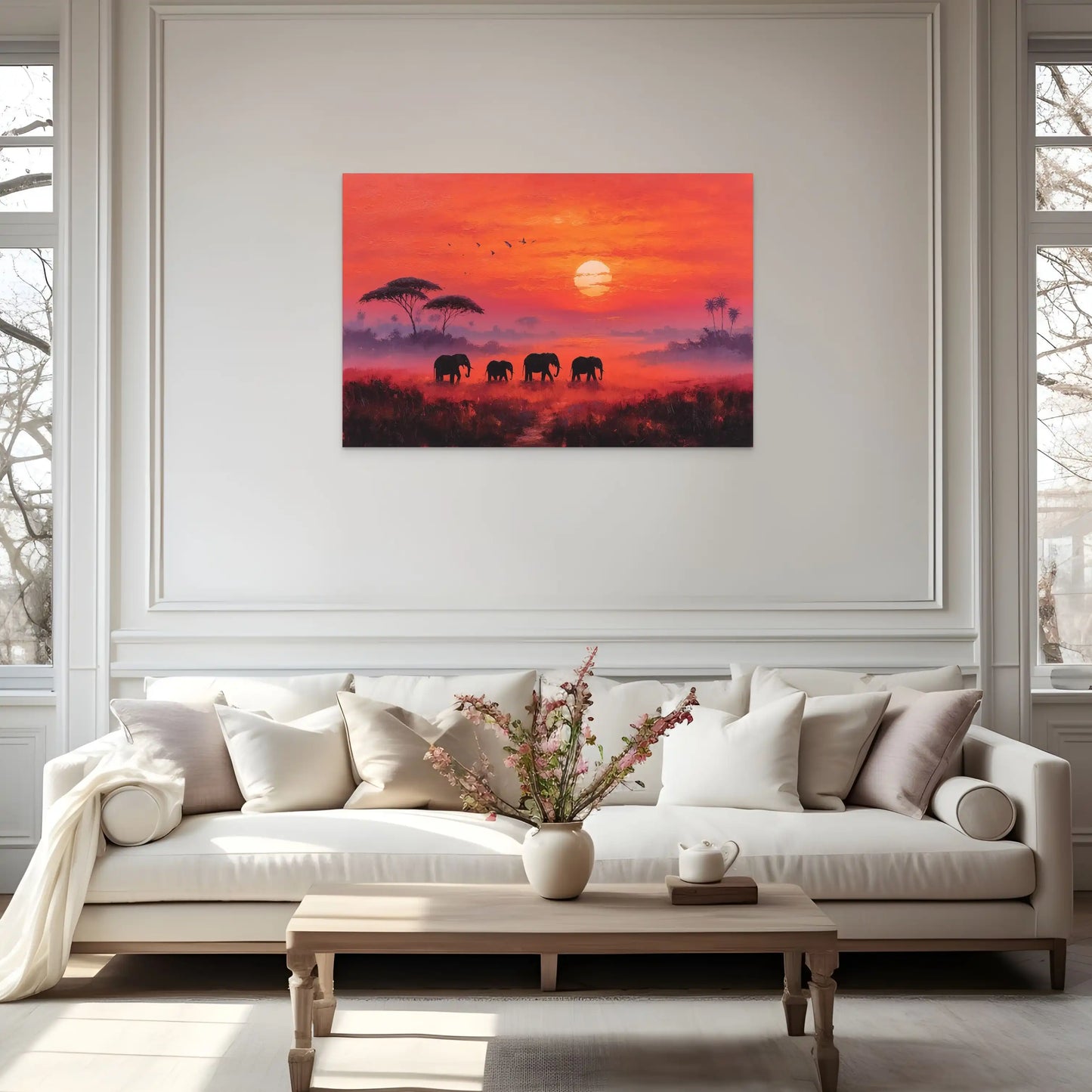 Tableau Elephant Coucher de Soleil : La Migration