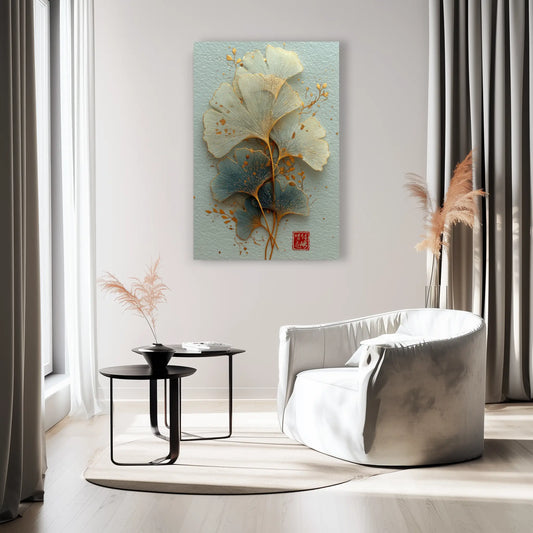 Tableau Feuille de Ginkgo – Arabesque d’Or et de Céladon