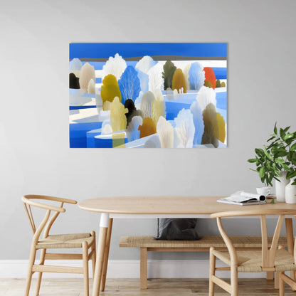 Tableau Forêt Scandinave – clairières d’azur & feuillages safran