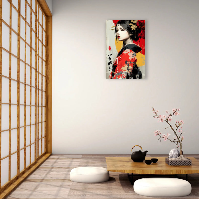 Geisha moderne en kimono rouge noir et blanc