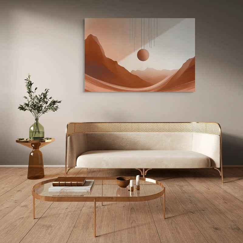 tableau contemporain terracotta paysage désertique abstrait montagnes lignes géométriques sphère suspendue cadre mural salon