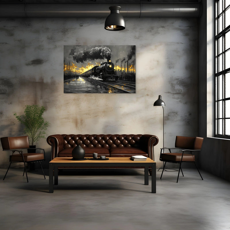 tableau locomotive en noir et blanc avec touches chaudes style classique nuage de vapeur ambiance salon industriel