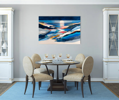 Tableau paysage scandinave – fjord lunaire, strates cobalt et lueurs dorées