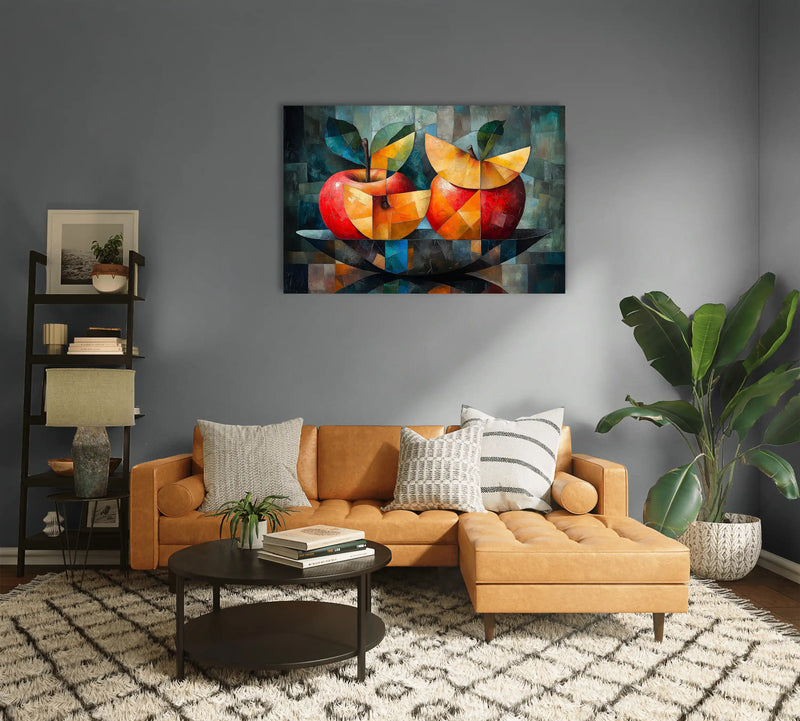 Geometrisches Stillleben mit roten Früchten auf Leinwand