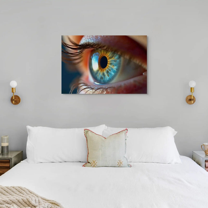 tableau macro iris bleu azur anneau doré pupille noire photographie colorée sur toile au-dessus d'un lit