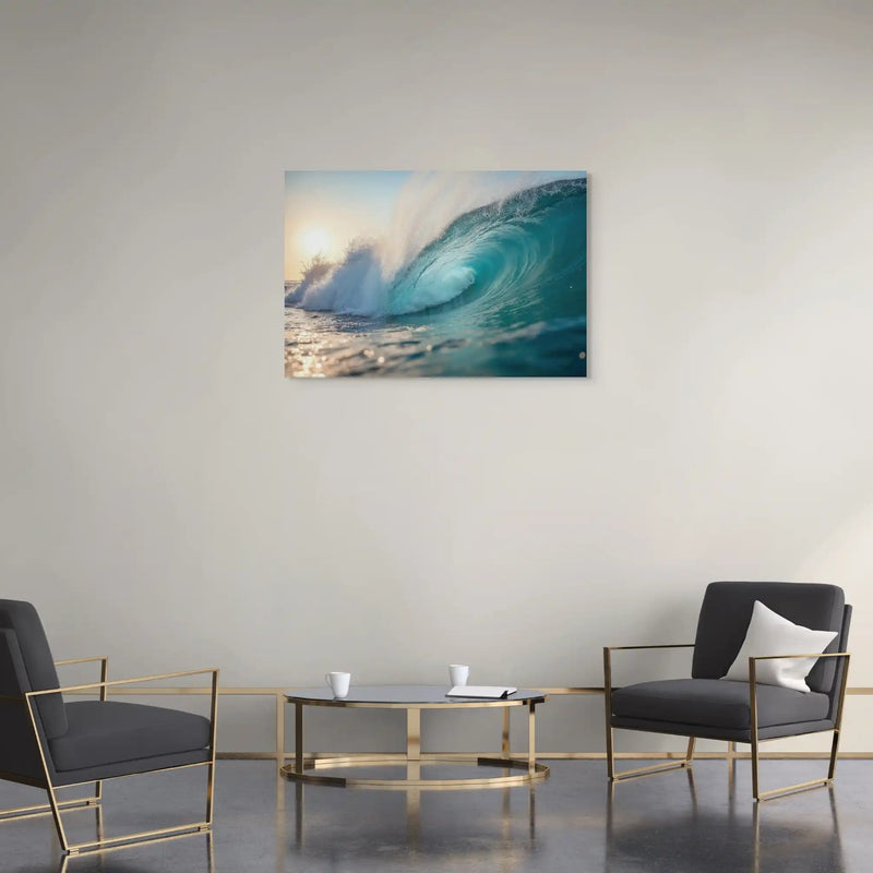 tableau vague turquoise en tube océan soleil doré photographie style photo décor mural minimaliste