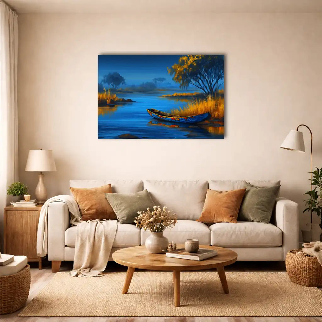 Peinture Déco Africaine - pirogue au bord du fleuve