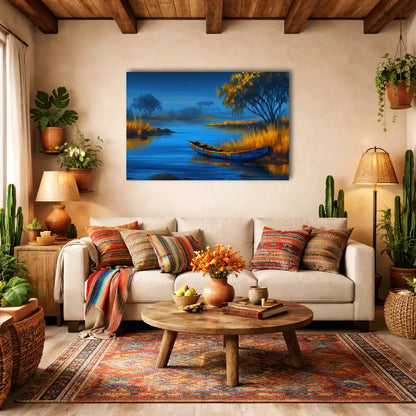 Peinture Déco Africaine - pirogue au bord du fleuve