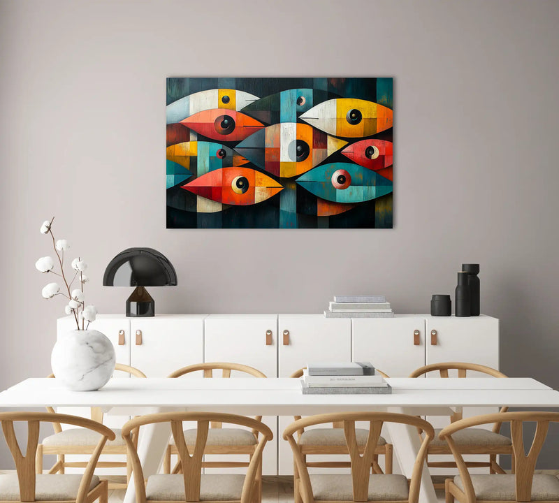 tableau cubiste coloré banc de poissons géométriques jaune bleu rouge orange fond sombre