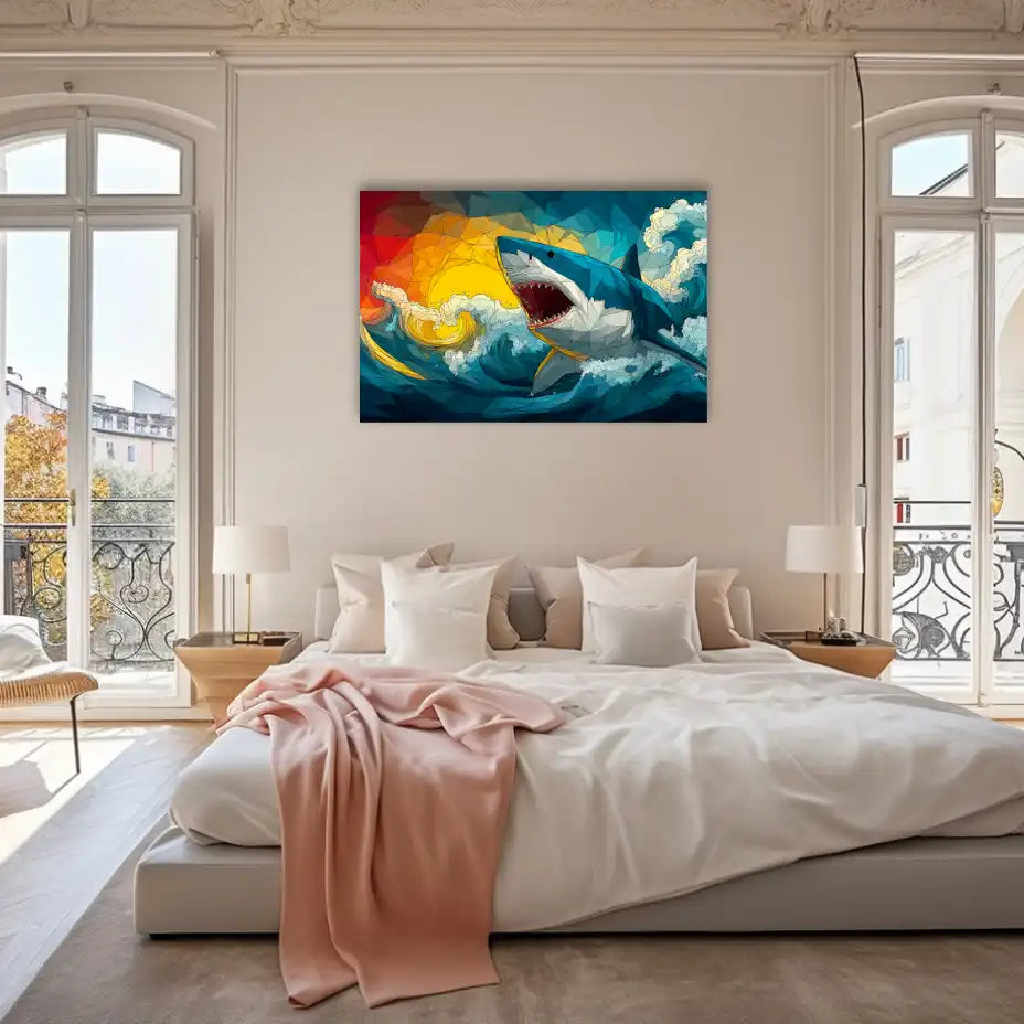 Tableau Requin Blanc – Éruption Océane au Couchant