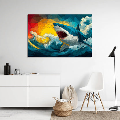 Tableau Requin Blanc – Éruption Océane au Couchant