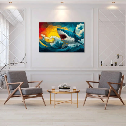 Tableau Requin Blanc – Éruption Océane au Couchant