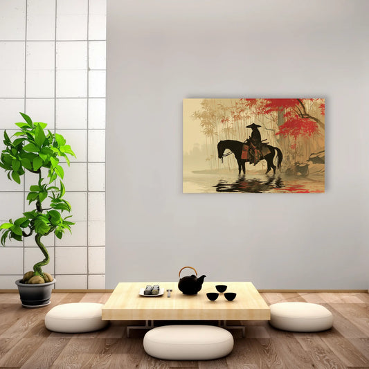 Tableau Samouraï à Cheval – Épopée d’Automne dans la Forêt de Bambous