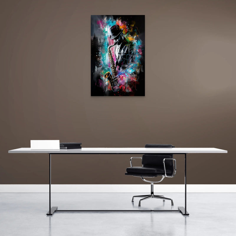 tableau pop art saxophoniste coloré silhouette au chapeau avec saxophone tourbillon de couleurs skyline urbain