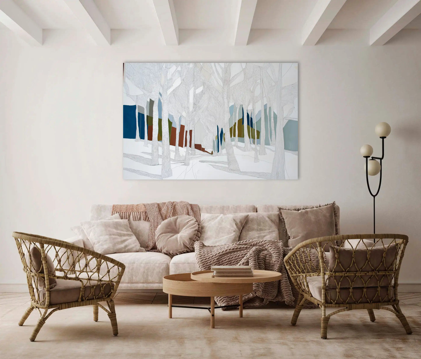 Tableau Scandinave Blanc – Forêt hivernale graphique