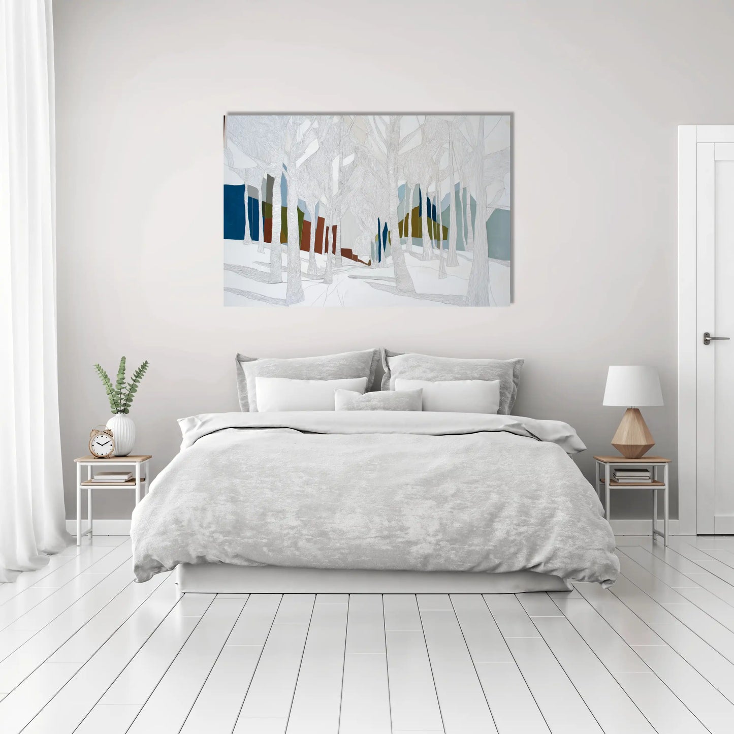 Tableau Scandinave Blanc – Forêt hivernale graphique