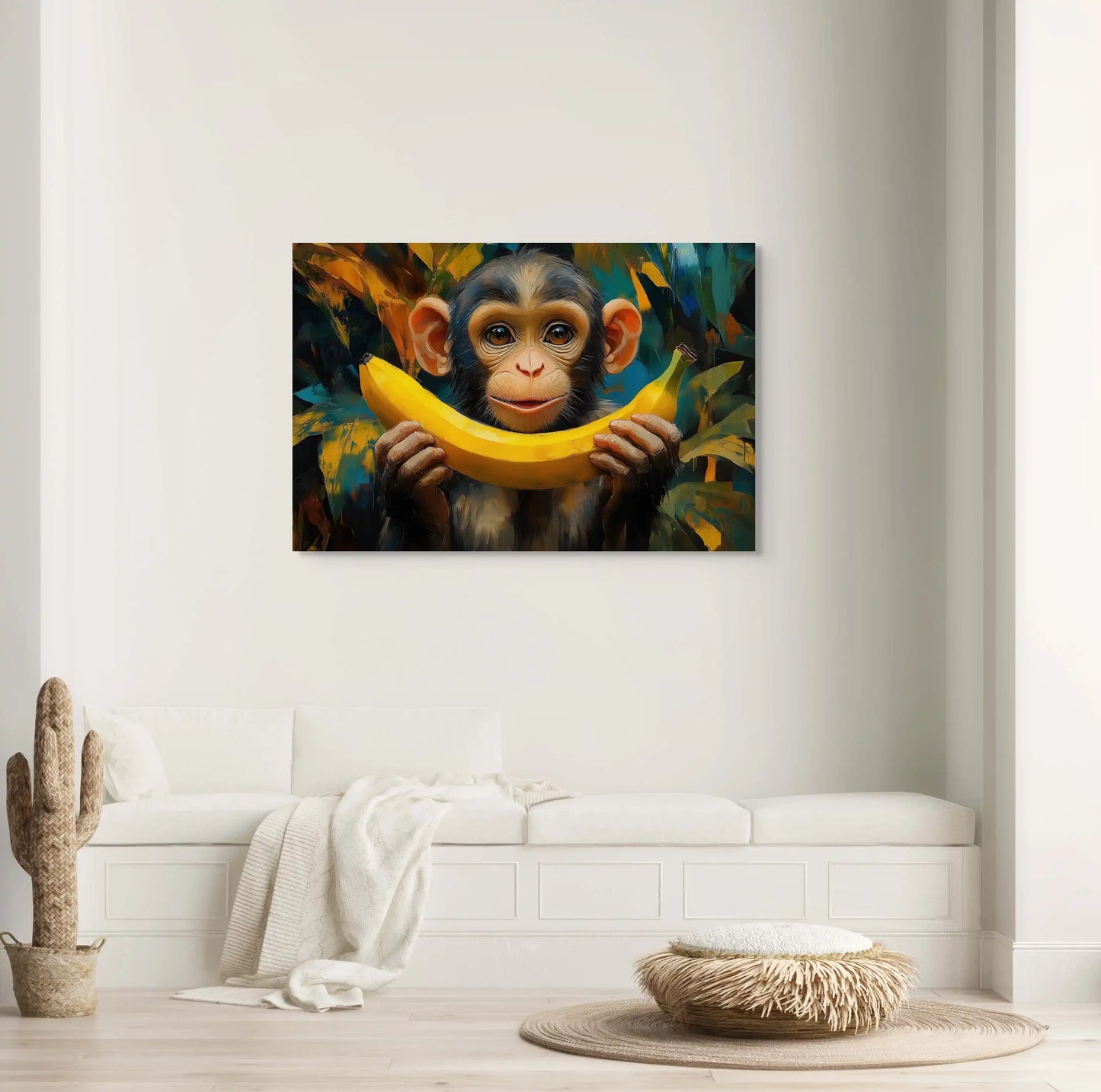 Tableau Singe Banane : Sourire Espiègle Affiches, reproductions et œuvres graphiques Art Virtuoso