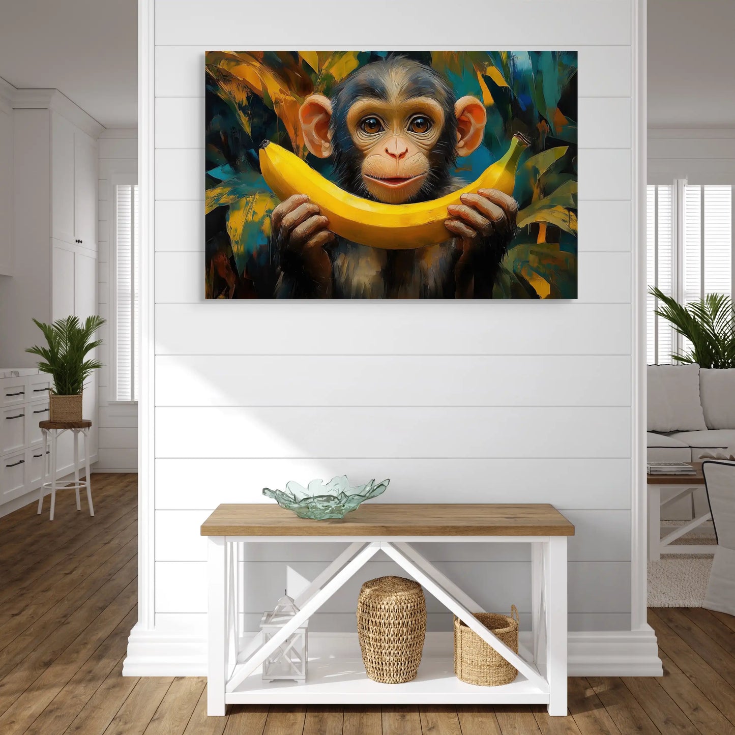 Tableau Singe Banane : Sourire Espiègle Affiches, reproductions et œuvres graphiques Art Virtuoso