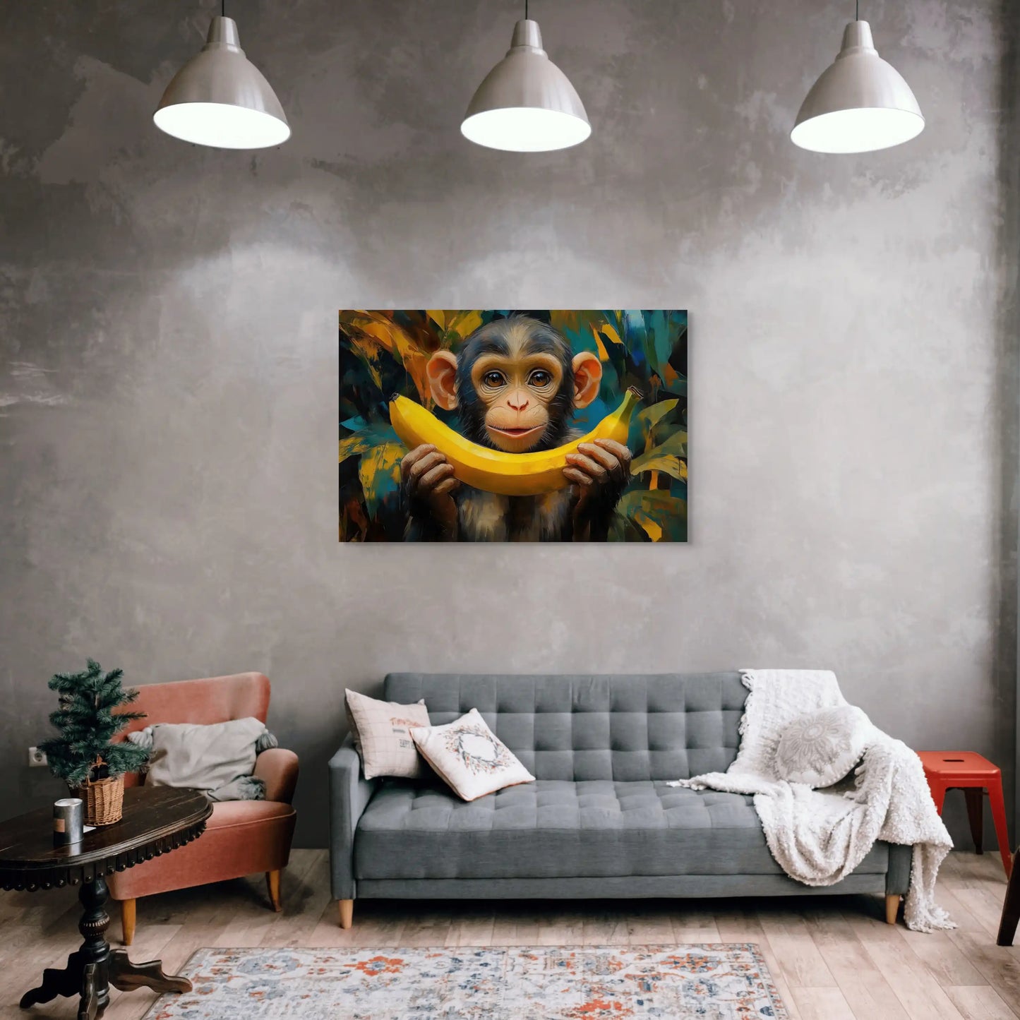 Tableau Singe Banane : Sourire Espiègle Affiches, reproductions et œuvres graphiques Art Virtuoso