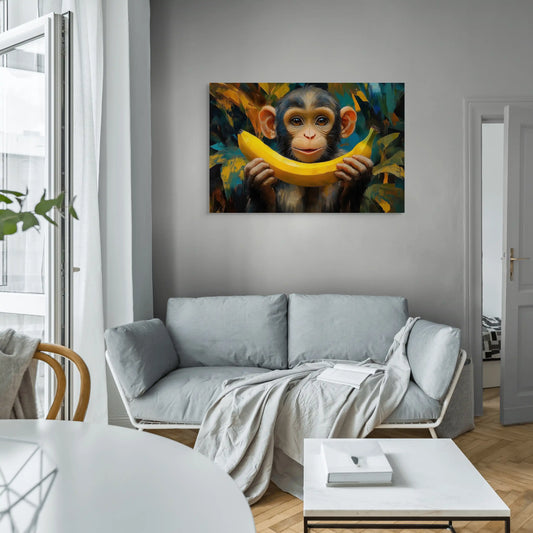 Tableau Singe Banane : Sourire Espiègle Affiches, reproductions et œuvres graphiques Art Virtuoso