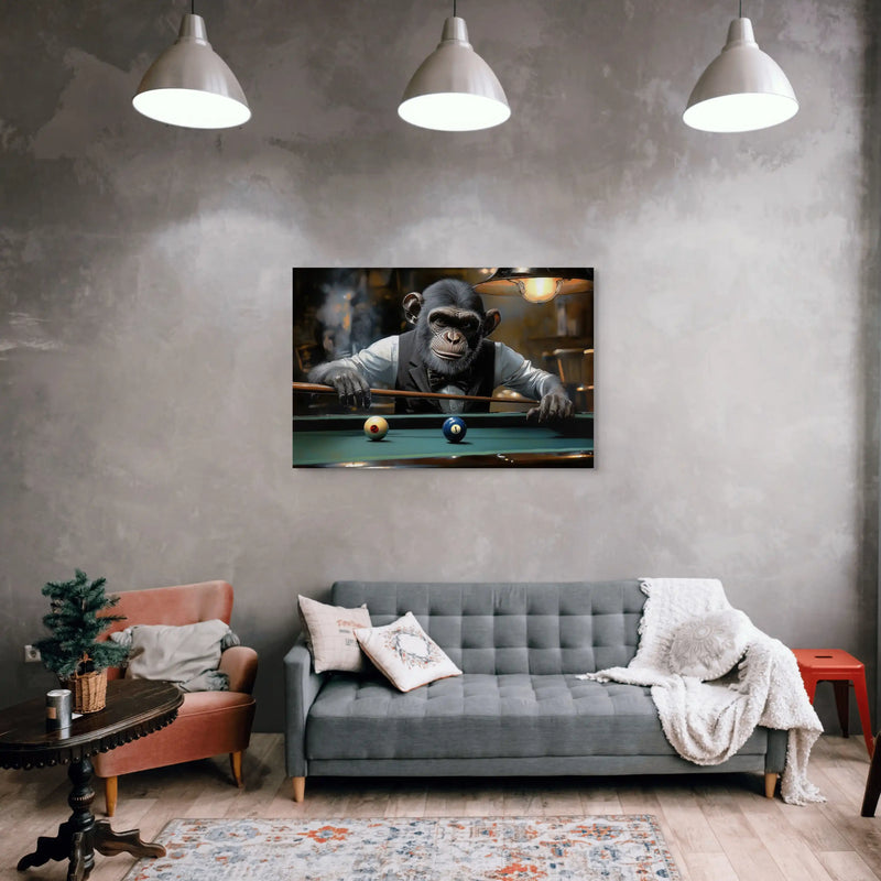 Monkey playing billiards in a humorous canvas scene