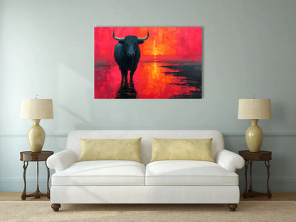 Tableau Taureau Camargue : Crépuscule Flamboyant