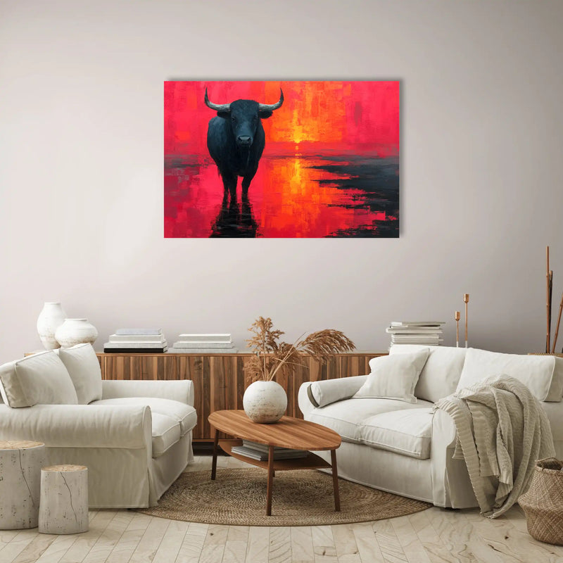 Dark bull against a red sunset on canvas