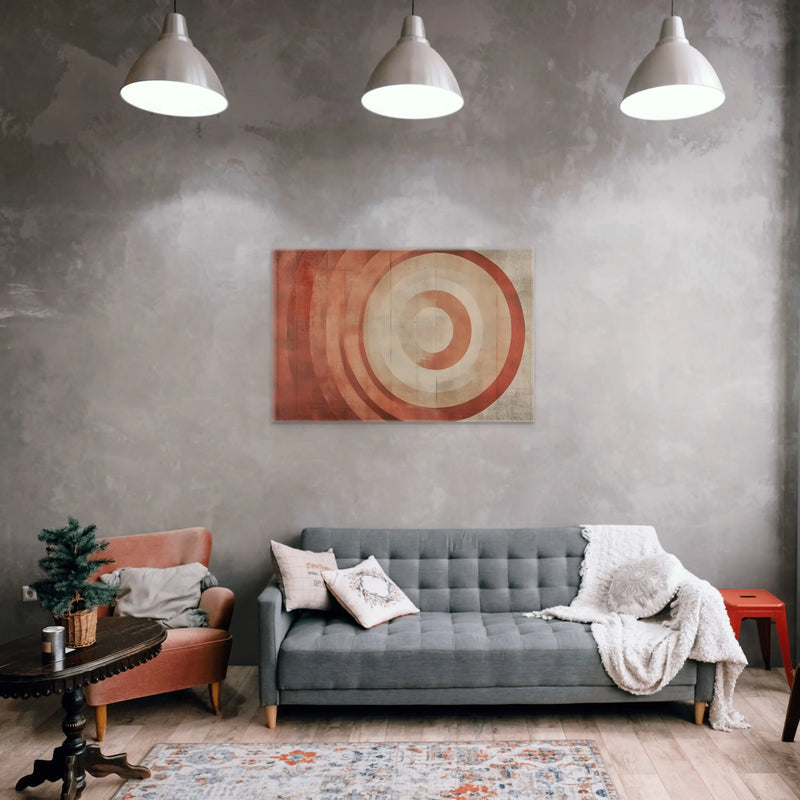 Tableau abstrait terracotta et beige au-dessus d’un canapé gris