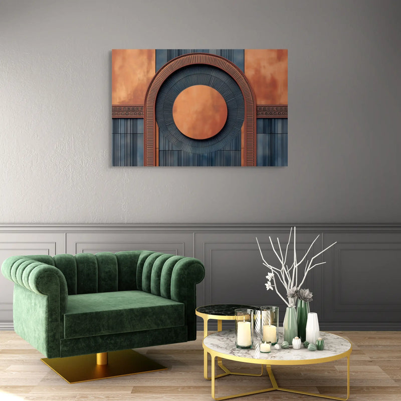 Tableau terracotta et bleu profond dans un salon
