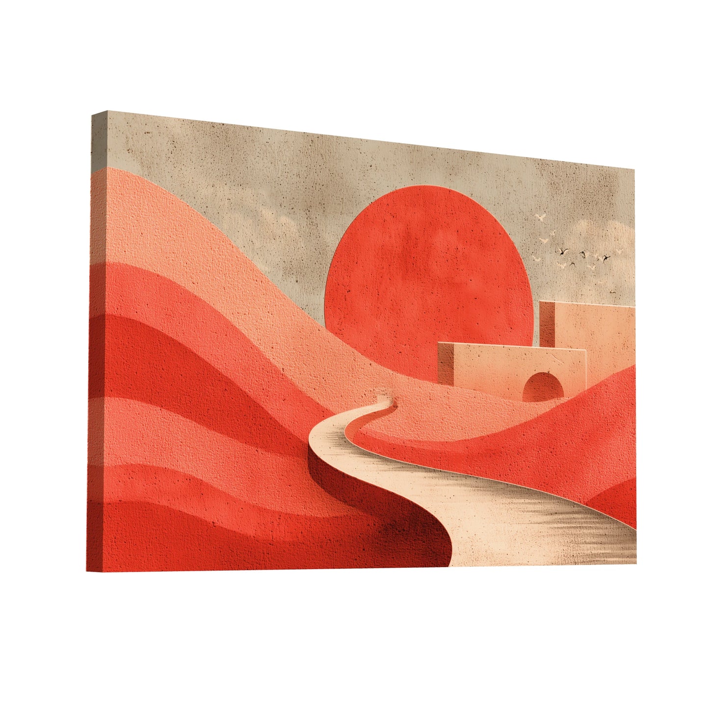Product Hero 3D WebP Toile Abstraite - Route Sinueuse Ocre sous un Soleil Terracotta - Art Virtuoso