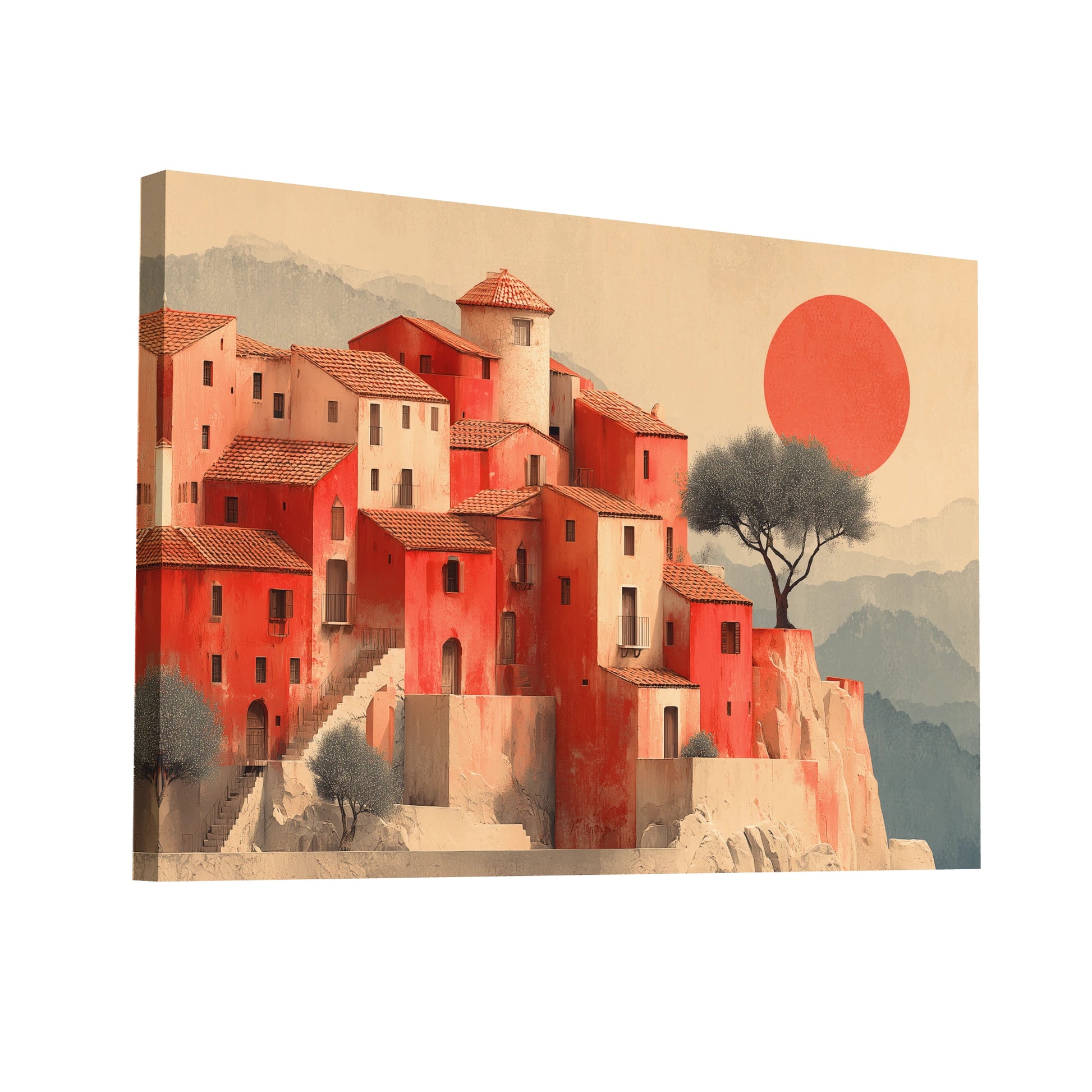 Product Hero 3D WebP Toile Bourg Escarpé Méditerranéen – Citadelle d’argile face au soleil levant - Art Virtuoso