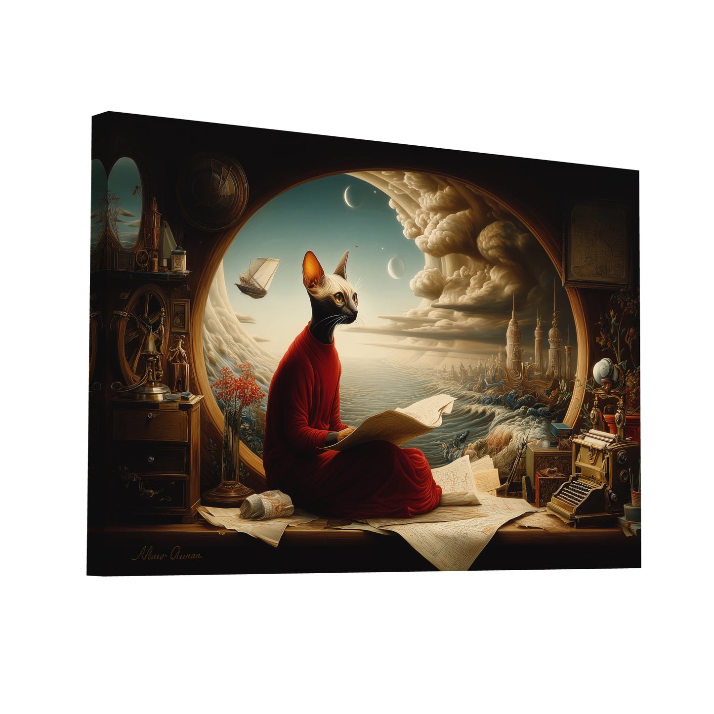 Product Hero 3D WebP Toile Chat surréaliste - Le Cartographe Astral - Art Virtuoso