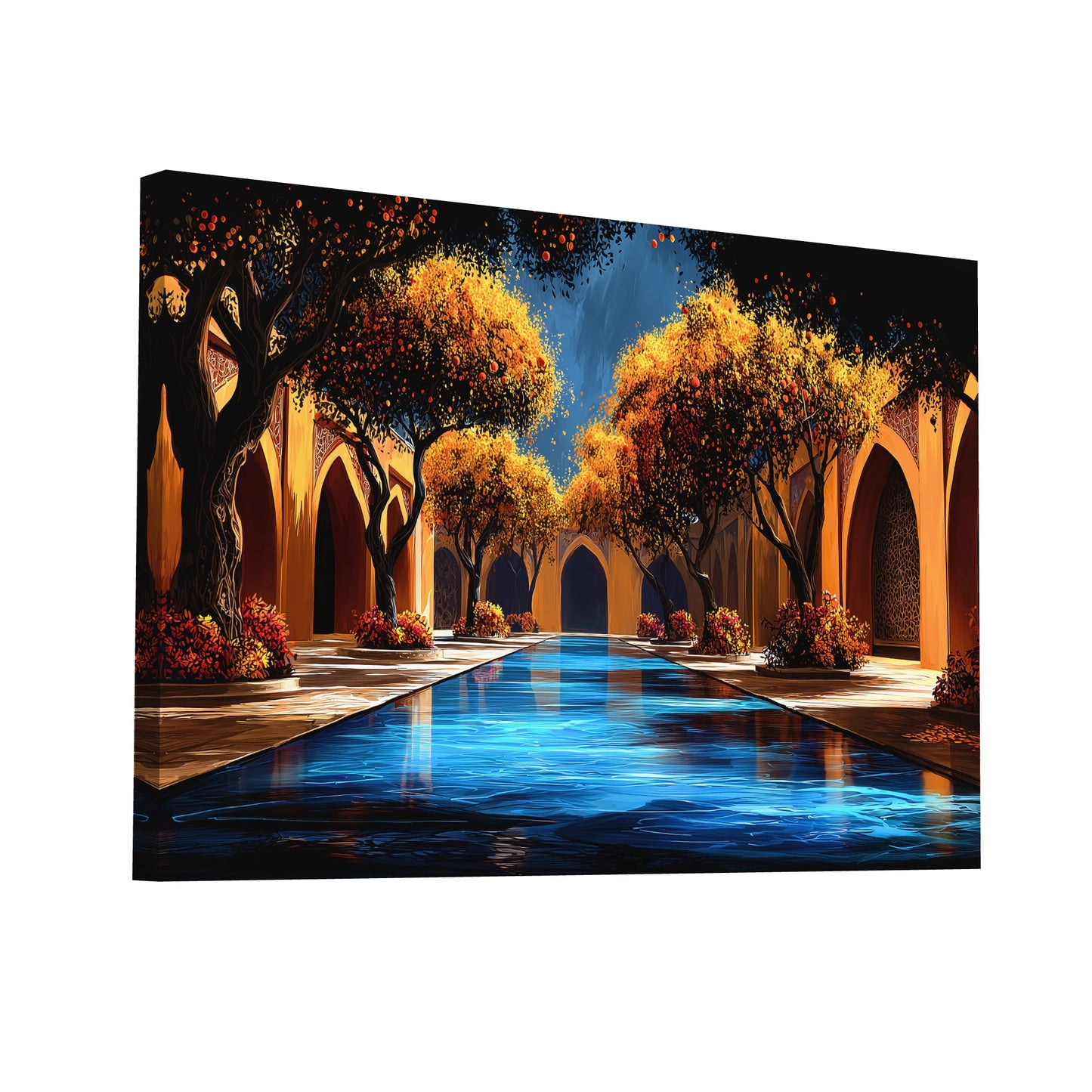 Product Hero 3D WebP Toile Décors Africains - patio d’orangers et bassin azur - Art Virtuoso