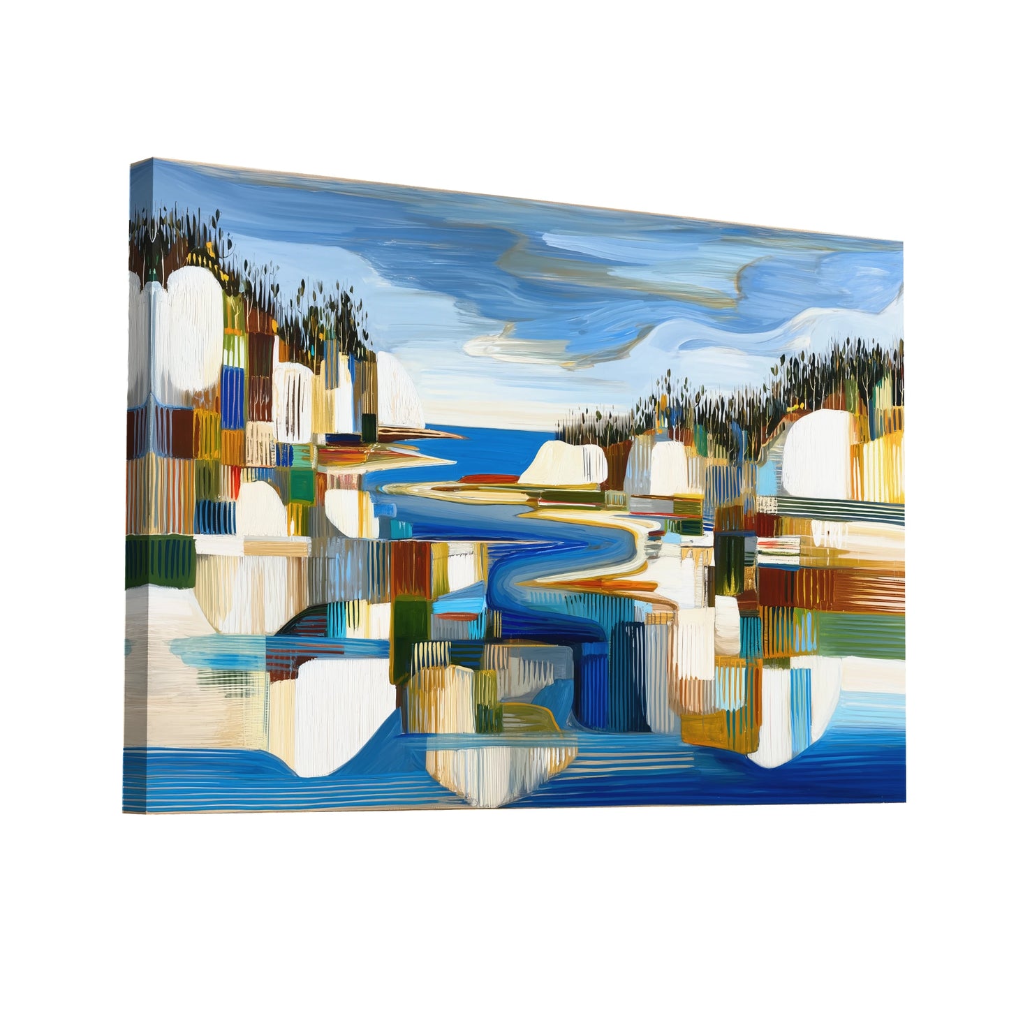 Product Hero 3D WebP Toile Fjord boréal mosaïque – rivages cobalt et pins verticaux - Art Virtuoso